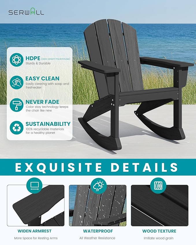 SERWALL Outdoor Adirondack Rocking Chairs Set of 2, All-Weather HDPE Adirondack Rocker Chair, Front Porch Rocker Chairs for Patio Lawn Porch Deck, Black