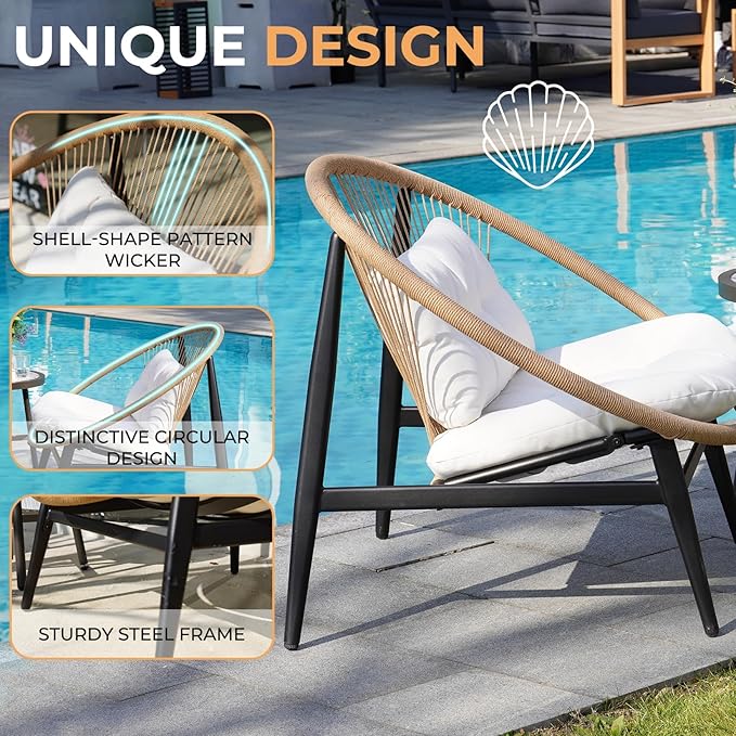 Grand patio 3-Piece Outdoor Furniture Set, Wicker Oversized Patio Chairs with Side Table & Thick 4.75" Cushions for Backyard, Garden, Deck
