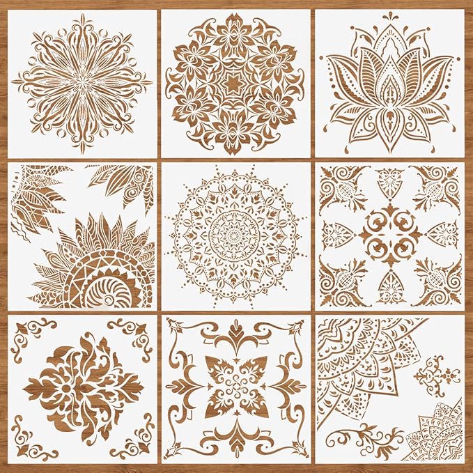 9 Pack(12x12 Inch) Large Mandala Stencils, Reusable Stencils for Painting Template Stencils Painting DIY Easter Decor Art Scrapbook on Wood, Floor, Wall, Tile