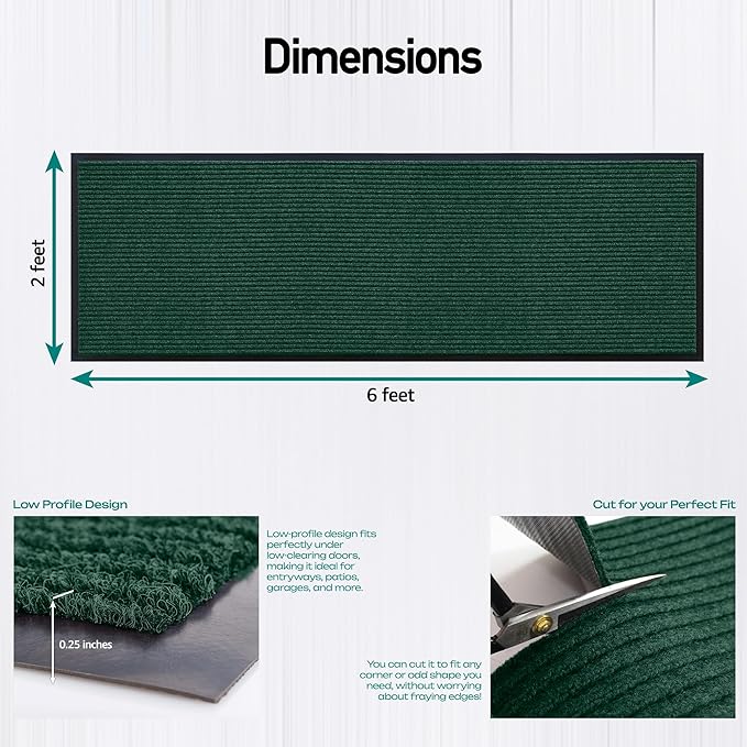 LuxUrux 2x6 ft Heavy-Duty Rubber Door Mat - Stylish, Durable, Waterproof, Low-Profile for High Traffic Areas, Stripped Green