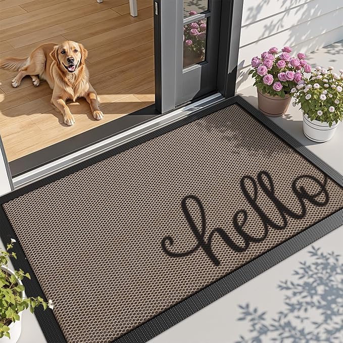 LUMI Outside Welcome Door Mat 32x47, Non Slip Durable Rubber Entrance Doormat, Low Profile Easy Clean Mats for Front Back Door Entryway Porch Garage, Hello