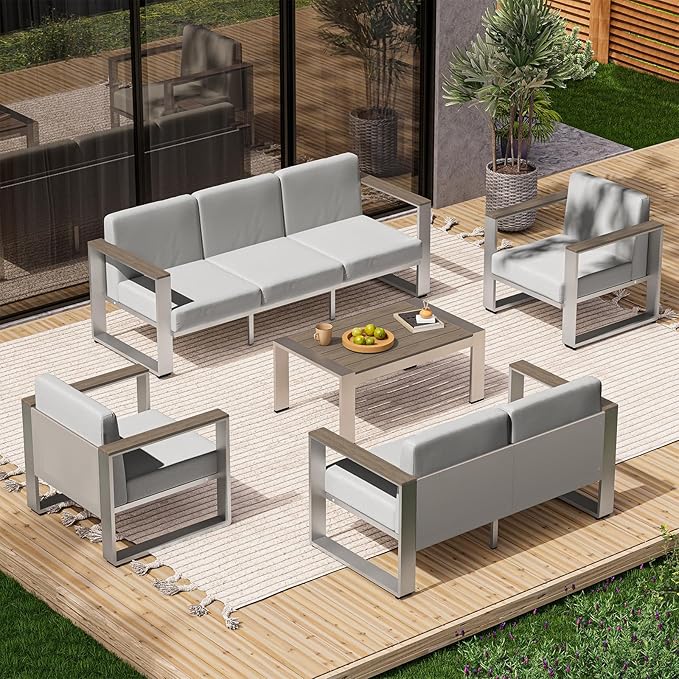2 Pieces Outdoor Aluminum Armchair, Modern Patio Patio Furniture with Wide Seat and Thick Cushions, All-Weather Oversized Couch for Deck, Porch