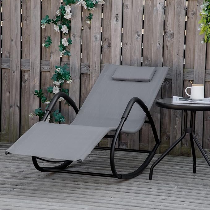 Outsunny Rocking Chair, Zero Gravity Patio Chaise Sun Lounger, Outdoor Rocker, UV Water Resistant, Pillow for Sunbathing, Lawn, Garden or Pool, Gray