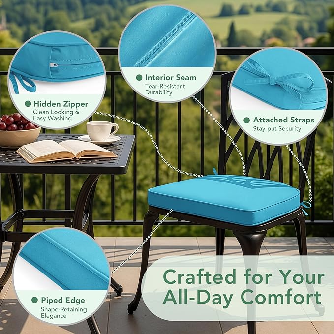 Outdoor Chair Cushions Set of 2: Waterproof & Fade Resistant Patio Furniture Cushions - 19 x 19 x 2 Inch Non Slip Round Corner Seat Cushion Pads with Removable Cover for Garden Yard Lawn, Teal