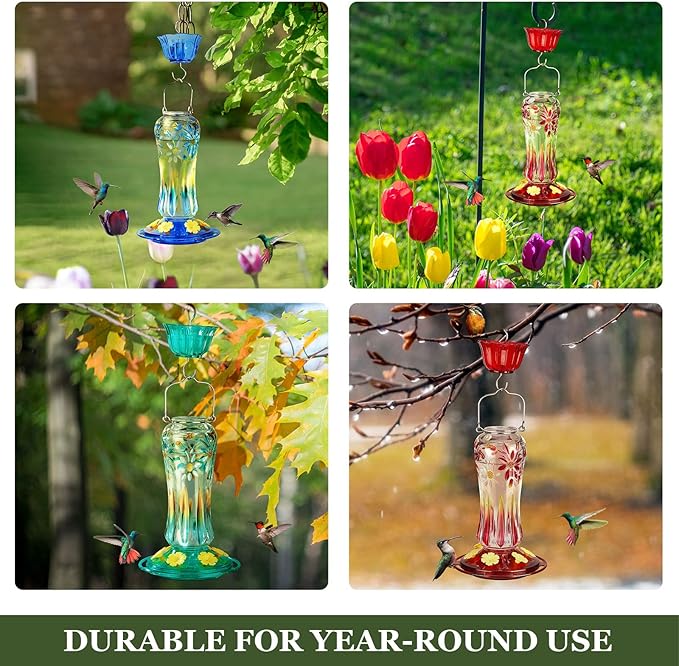 Kingsyard Hummingbird Feeder for Outdoors Hanging, 25 Ounces, Glass Humming Bird Nectar Feeder with Ant Moat & 6 Feeding Ports, Leak Proof, Turquoise