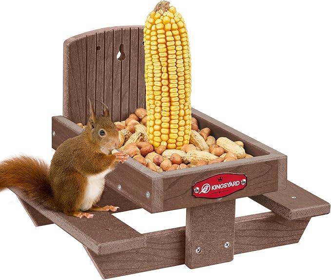 Kingsyard Squirrel Feeder Table for Outside, Recycled Plastic Squirrel & Chipmunk Picnic Table Feeder with Corn Cob Holder, 2 x Solid Structure Benches, Easy to Clean (Brown)