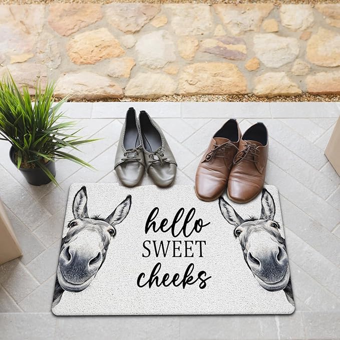 JINYO Hello Sweet Cheeks Door Mat, Funny Donkey Door Mat Indoor Outdoor Entrance Entryway Porch, Sweet Cheeks Bath Mats for Bathroom, Donkey Welcome Mats, 17x30 Inch