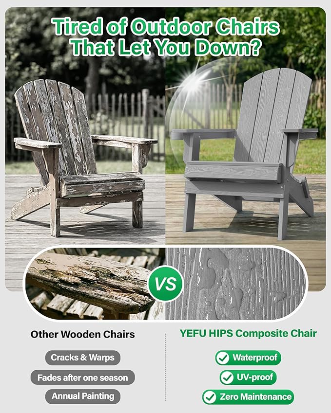 YEFU Adirondack Chair, Oversized Plastic Adirondack Chair Folding Outdoor Chairs with Cup Holder, Lawn Chair with Weather Resistant for Outside Deck Lawn Garden, Weight Capacity Up to 400 Lbs –Grey