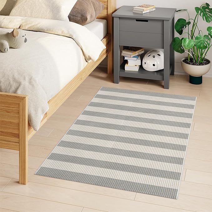 Grey and White Striped Rug-3x5 Front Door Mat Outdoor,Washable Reversible Porch Rug Cotton Hand-Woven Spring Doormat, Foldable Layered Door Mats for Entryway/Farmhouse