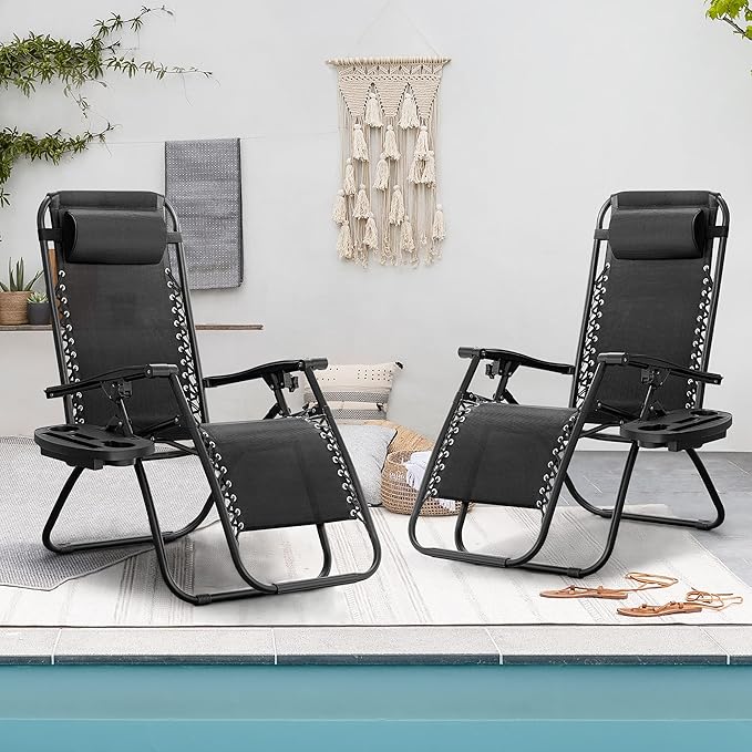 Flamaker Patio Zero Gravity Chair Outdoor Folding Lounge Chair Recliners Adjustable Lawn Lounge Chair with Pillow for Poolside, Yard and Camping (Black)