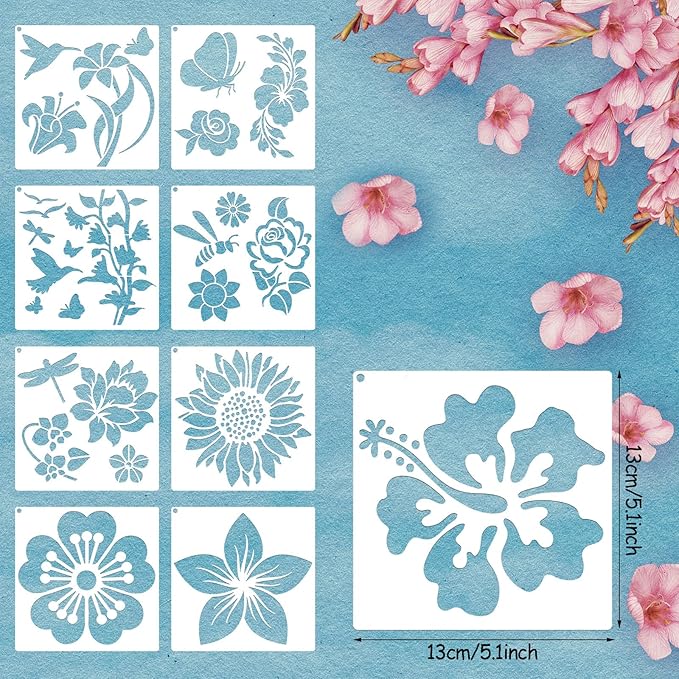 Zonon 16 Pieces Stencils for Painting, Reusable Large Butterfly Hummingbird Sunflower Stencil with Metal Open Ring, DIY Craft Templates for Spring Summer Wood Wall Canvas Home Decor(5.1 x 5.1 Inch)