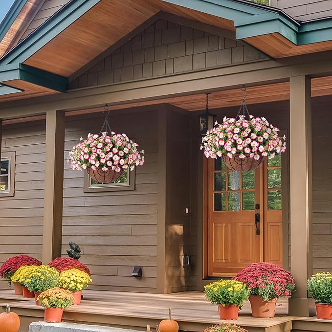 Ivydale Artificial Faux Hanging Plants Flowers Basket for Outdoor Outside Decoration, Silk Pink Morning Glory in Planter Look Real UV Resistant Fake Flowers for Spring Summer Porch Home Patio Balcony