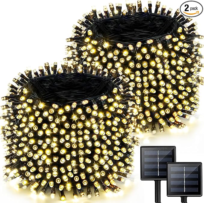 2 Pack 480 LED Solar String Lights for Outside, 170 FT Super Long Solar Chrismas Lights Outdoor with 8 Modes & Memory Function, Waterproof Twinkle Light for Xmas Tree Party Decorations (Warm White)