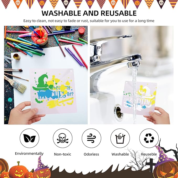 25 Pcs Halloween Stencils Reusable, 6x6 Halloween Stencils for Painting on Wood, Plastic Drawing Spraying Templates for Greeting Cards, Halloween Crafts Ornaments Wall Window Door DIY Decoration