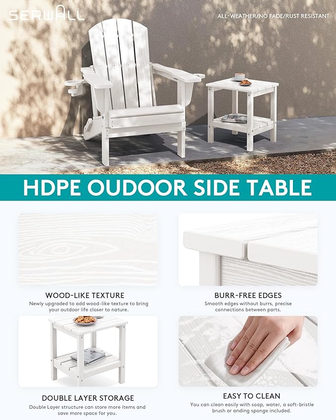 SERWALL 2-Tier HDPE Outdoor Side Tables Set of 2, Weatherproof Rectangular Adirondack Side Table, White