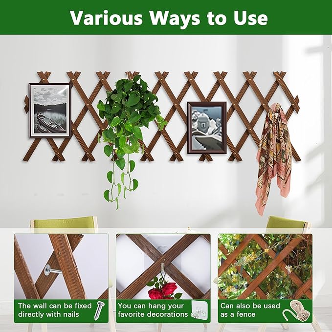 2 PCS Expandable Garden Trellis, 13.2" x 63" Trellis for Climbing Plants Outdoor, Wooden Lattice Fence Wall Panel Lattice Panels for Outside, for Climbing Plants Vine Ivy Rose Cucumbers Clematis