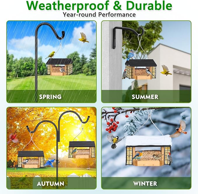 Hopper Bird Feeder for Outdoors Hanging, Wooden Bird Feeder with Double Suet Cage and Large Seed Capacity, Cedar Wood Suet Feeder with Weatherproof Roof, Garden Decoration
