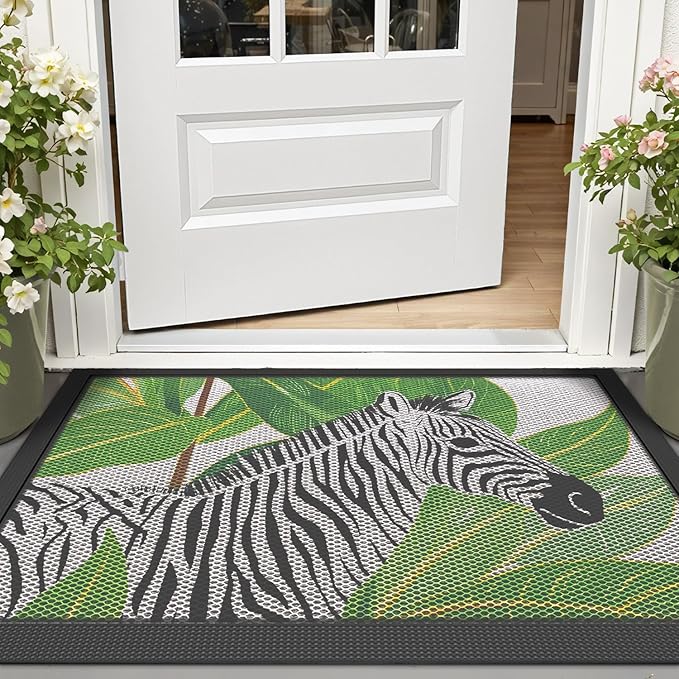 LUMI Outside Door Mat 24x36, Non Slip Rubber Backing Doormat, Low Profile Easy Clean Entrance Mats for Front Back Door Entryway Porch Garage, Zebra