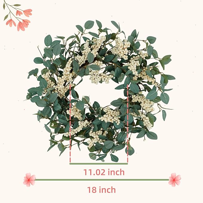 YNYLCHMX 18" Spring Summer Wreaths for Front Door, Artificial Floral Wreath with White Berries and Eucalyptus Leaves, Green Foliage Wreath for Wall Window Farmhouse Party Holiday Home Decor