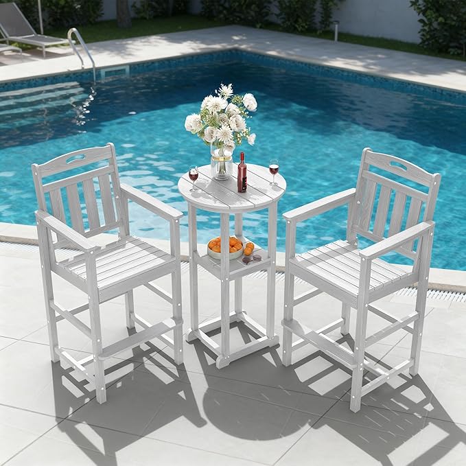 Ciokea 3-Pcs Bistro Table and Chairs, All-Weather Round High Top Bar Table with Storage Shelf and 2 Oversized Adirondack Chairs, Heavy Duty Outdoor Bar Set Patio Bistro Set for Balcony Deck, White