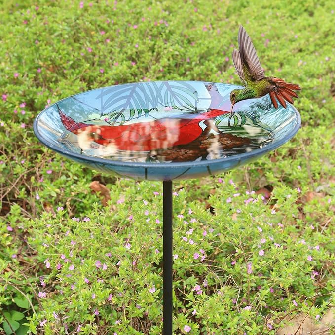 Bird Baths for Outdoors, Glass Birdbaths Outdoor Garden Birdfeeder with Metal Stake for Lawn Yard Decor, 24 Inch Height, Cardinal