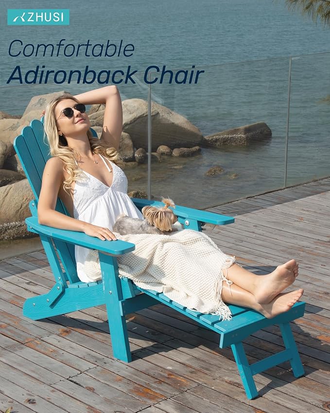 ZHUSI Folding Adirondack Chairs Set of 4 with Retractable Ottoman, Adjustable Adirondack Chair with 2 Cup Holders, Outdoor Chairs for Porch Patio Lawn Balcony Weather Resistant, Lake Blue