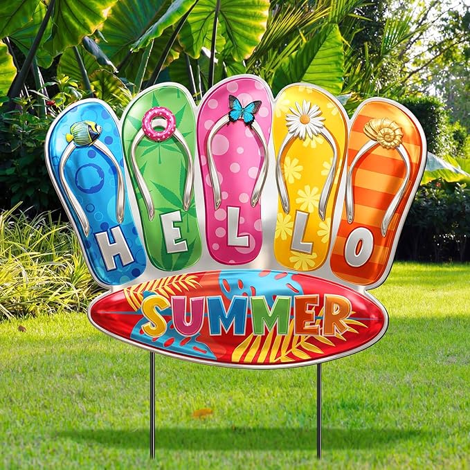 1 Pcs Summer Yard Sign Metal Outdoor Yard Decoration with Stakes Waterproof Garden Lawn Stake Sign Decoration for Patio Lawn Walkway Courtyard Party Decor