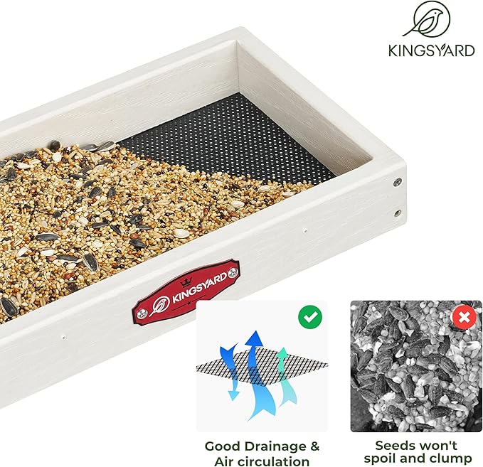 Kingsyard Large Platform Bird Feeder with Metal Mesh Tray, Pole Mount Adjustable Bird Feeders with Weather Protective Top, 4 lbs Seed Capacity, White