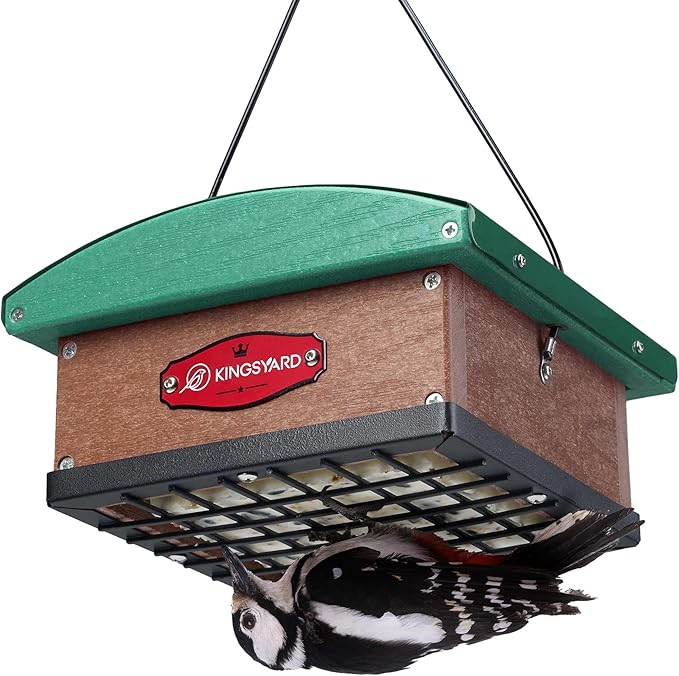 Kingsyard Upgraded Upside Down Double Suet Feeder with Metal Weatherproof Roof, Squirrel-Proof Metal Edging, Suet Feeders for Outside Hanging, Great for Attracting Woodpecker, Nuthatch, Titmouse