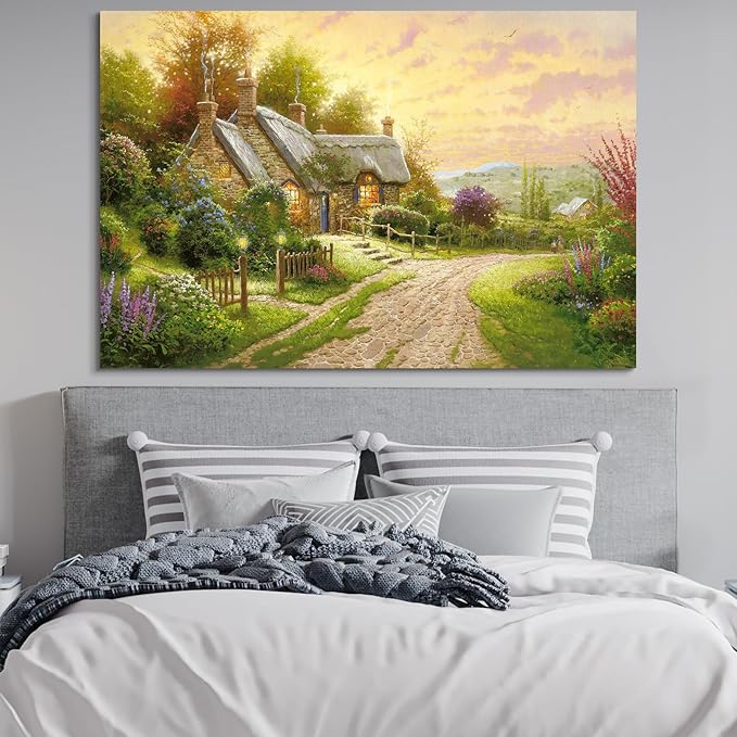 STUDIO HAVEN Thomas Kinkade Canvas Wall Art, Thatched Cottage Country Lane Colorful Flowers Sunset Glow Oil Painting Poster Rustic Wall Decor, Framed Prints for Home Decor, 24x16Inch
