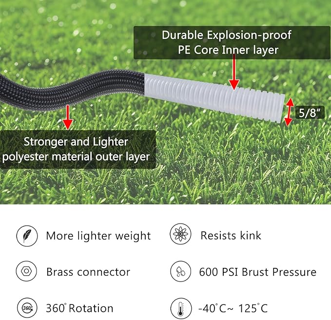 HQMPC Garden Hose 5/8"IDx30' Hose Stiff And Rigid Light Weight Durable Non Kinking Water Hose Female Brass Hose Fittings 30 FEET Black
