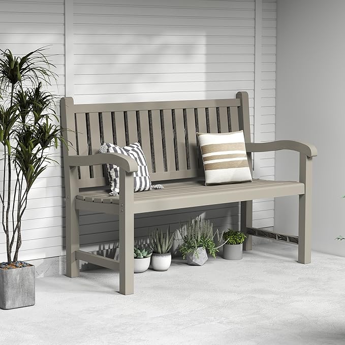 Outdoor Bench, Waterproof & Weatherproof Garden Bench with Ergonomic Design, 2-Person Resin Bench for Porch, Deck, Patio, Outdoor, Garden & Park(Grey)