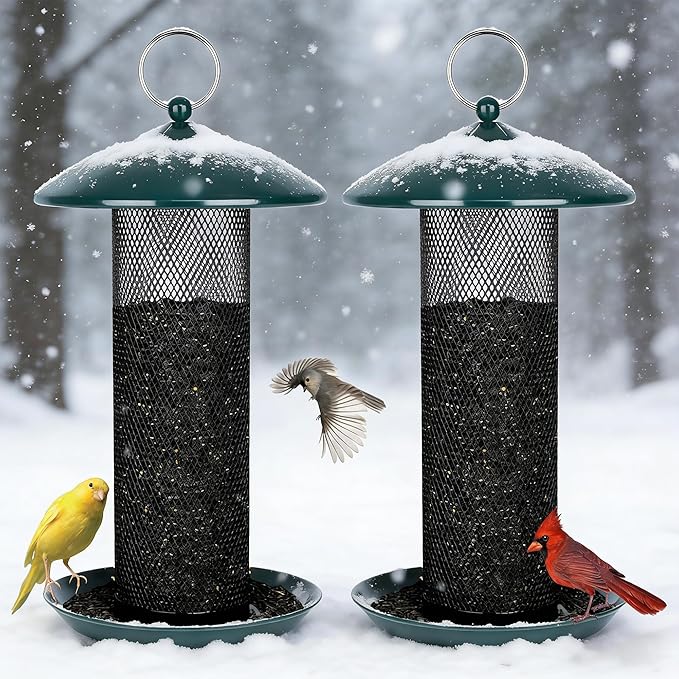 Gtongoko 2 Pack Finch Bird Feeders for Outdoors 2.5 LB Capacity Squirrel Proof Metal Tube Bird Feeders Thistle & Nyjer Seed Hanging Feeder, Green