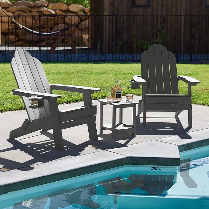 LUE BONA Folding Adirondack Chair Set of 2, Dark Gray HDPS Weather Resistant Outdoor Chair with Cup Holder for Fire Pit Backyard Porch
