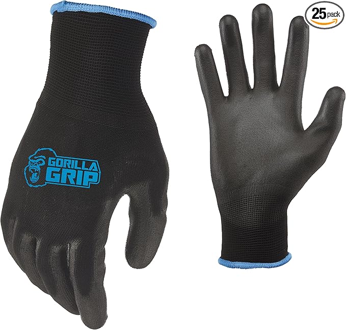 Gorilla Grip Work Gloves, Never Slip Maximum Grip All-Purpose, Gloves for Men, Superior in Wet, Dry, Oily Conditions, Polymer Palm, Medium Size, 25 Pairs, Black/Blue | 25047-25