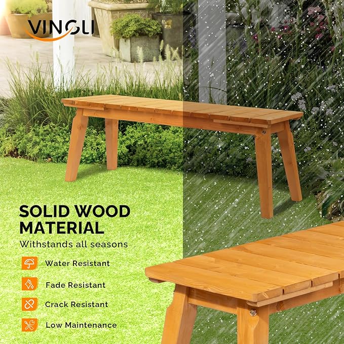 VINGLI Outdoor Wooden Bench, 45” 2-Person Backless Dining Bench, Weatherproof Outdoor Patio Bench for Porch Entryway Garden (2, Teak)