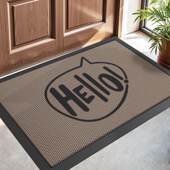DEXI Front Door Mat Outside Entrance, Non Slip Dirt Trapper Doormat for Entryway, Heavy Duty Low Profile Floor Entry Mats Inside Decorative, 24x36, Hello Brown