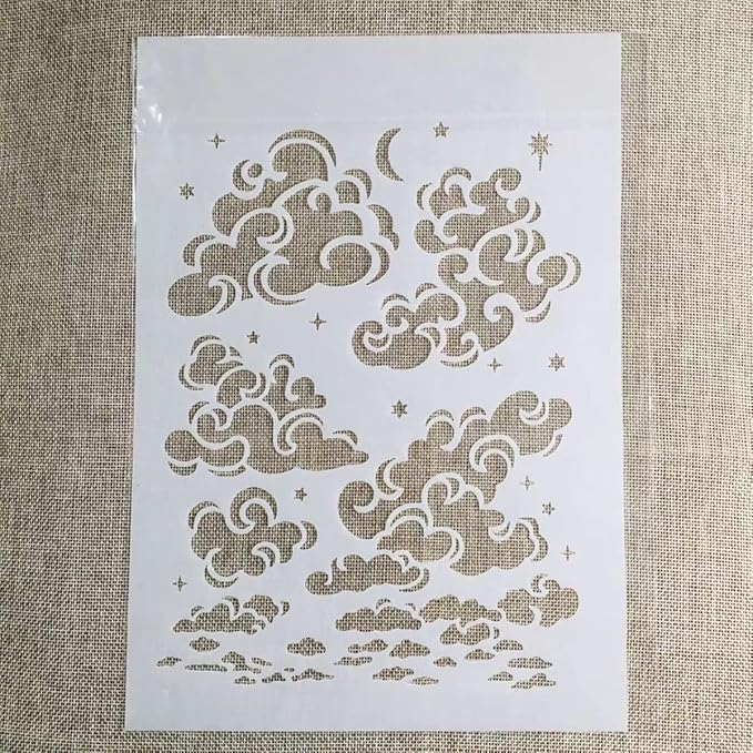 TIAMECH A4 Reusable Cloud Stencil for Painting - Star Moon on Sky Layering Template, DIY Wall Art, Wood Furniture, Scrapbook & Crafts (8.3x11.7inch)