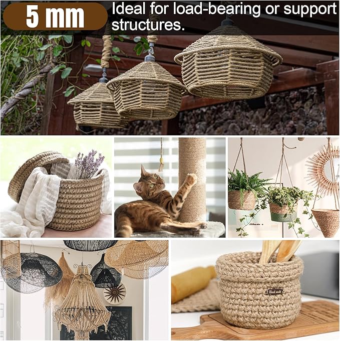 Jute Twine 5mm 230 Feet Thick Natural Jute Twine String for Heavy Duty Gardening, Bundling, Cat Scratching Post, DIY Crafts(2Rolls, 115Feet/Roll)