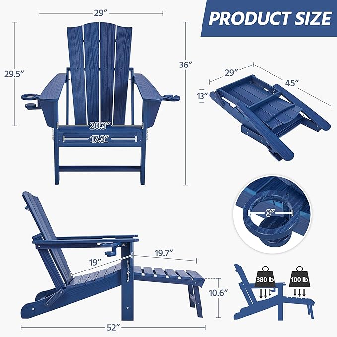 Yaheetech Adirondack Chair with Retractable Ottoman, All Weather Patio Folding Fire Pit Chair with Cup Holder and Phone Holder for Outdoor Poolside, Navy Blue