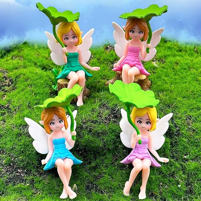 Miniature Fairy Figurines - 4Pcs Small Flower Fairies Ornaments Resin Mini Fairy Figurines Tiny Elf for DIY Fairy Garden Flower Pot Bonsai Micro Landscapes Craft Decoration Accessories (lotus leaf)
