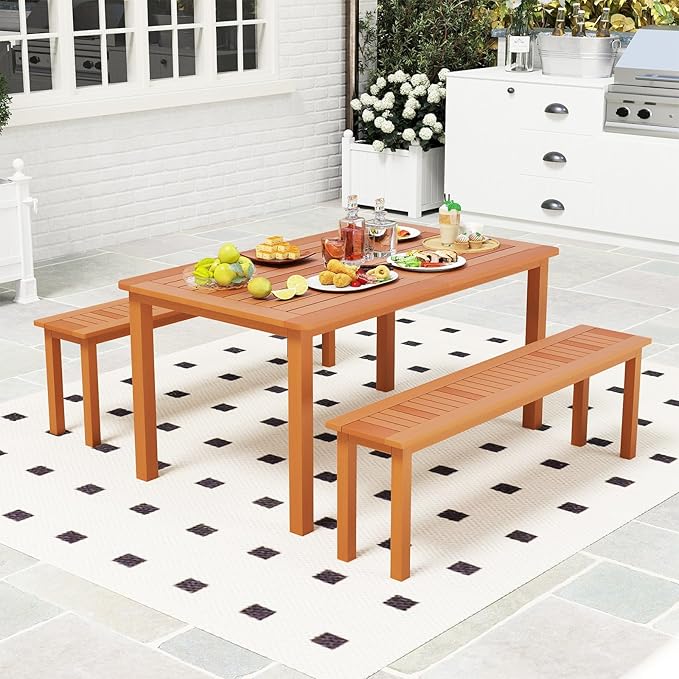 Tangkula Set of 3 Patio Dining Set for 4, Solid Wood Dining Table with 2 Benches, Outdoor Table Bench with 2” Umbrella Hole & Teak Oil Finish, Dining Furniture Set for Yard, Deck, Porch, Indoors