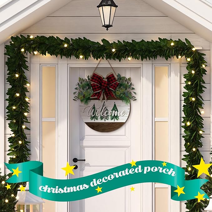 Boao Christmas Door Decorations Wooden Merry Christmas Welcome Front Door Sign Hanger with Red Buffalo Plaid Bow Xmas Wreaths for Outdoor Porch Farmhouse Decor