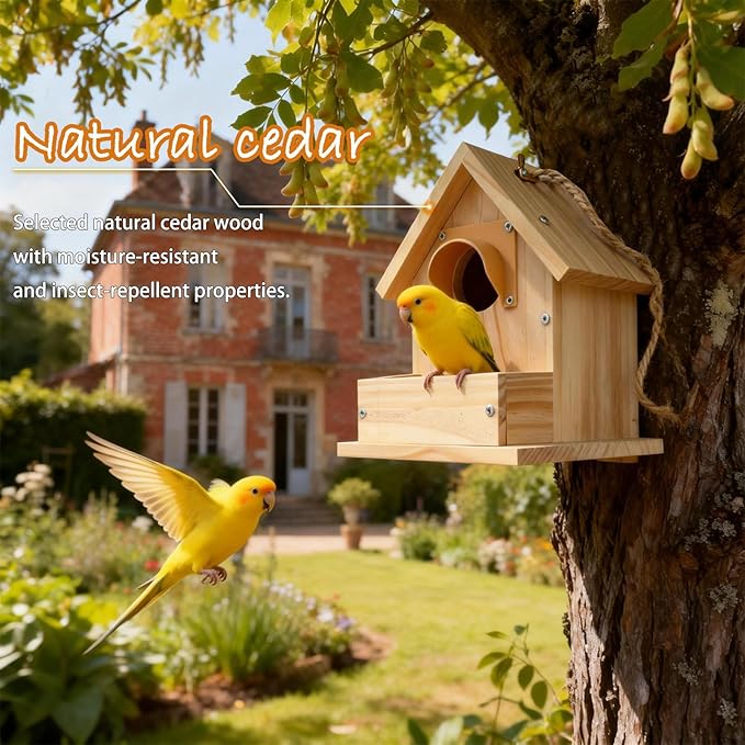Bluebird Houses for Outside with Pole, Cedar Wooden Bird Houses to Paint for Finch Bluebird Cardinals, Hanging Birdhouses W/Rain Awning Kits for Outdoors (DIY Detachable, 2 Pack)