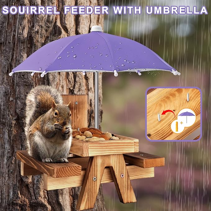 Gnodary Squirrel Feeder with Umbrella, Squirrel Feeders for Outside, Squirrel Picnic Table Feeder - Chipmunk Feeder Hold Corn, Corn Cob, Peanuts (Purple)