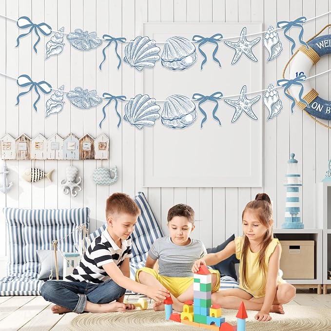 2 PACK Summer Banner Seashells Decor Party Decorations Party Supplies Birthday Decorations Blue Bow Starfish and Christmas Ornaments Under The Sea Paper Hanging Banner for Women Men Baby Showre