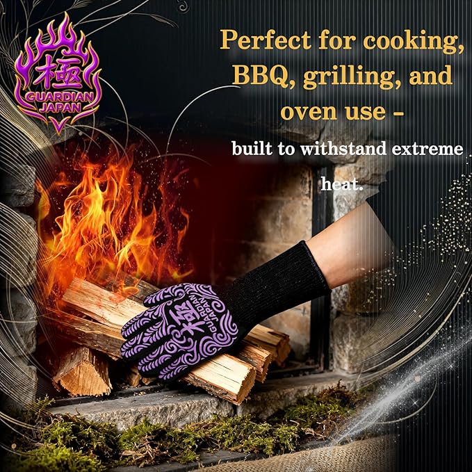 Premium Heat Resistant BBQ Gloves – Fireproof 1472°F Aramid Grill Mitts for Barbecue, Smoker, Campfire, Fire Pit, Oven, Japanese Supervised Design (極-KIWAMI-Purple, M)