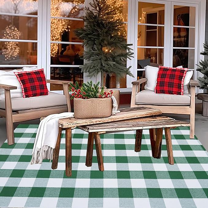 CAINANEL Green and White Buffalo Plaid Outdoor Rug Spring Door Mat Layering Rug Welcome Doormats for Spring Easter Farmhouse Entrance Porch Outdoors Decor