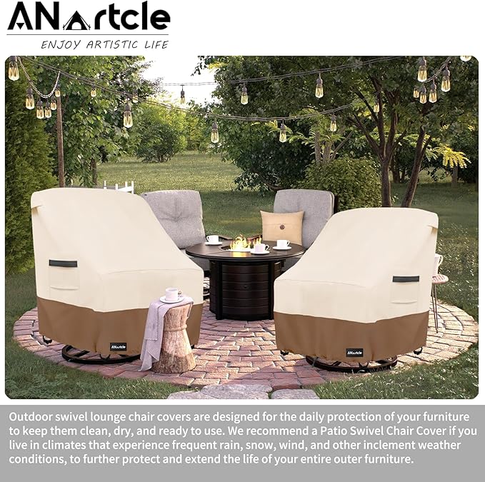 Outdoor Swivel Lounge Chair Cover 2 Pack,600D Waterproof Heavy Duty Outdoor Chair Covers(35 W x 37 D x 38.5 H inches),Patio Swivel Chair Covers for Outdoor Furniture,Beige&Brown.