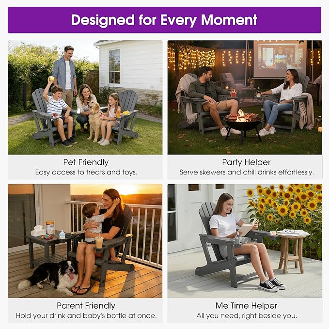 PURPLE LEAF Adirondack Chair HDPE All-Weather Outdoor Fire Pit Chair with 24.6" Oversized Seat Wood-Textured Patio Adirondack Chair with Dual Cup Holders for Garden Deck Backyard, Gray